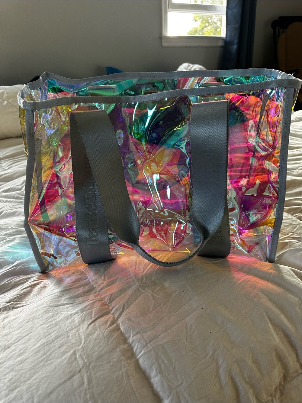 Iridescent Clear Tote Bag with Gray Straps